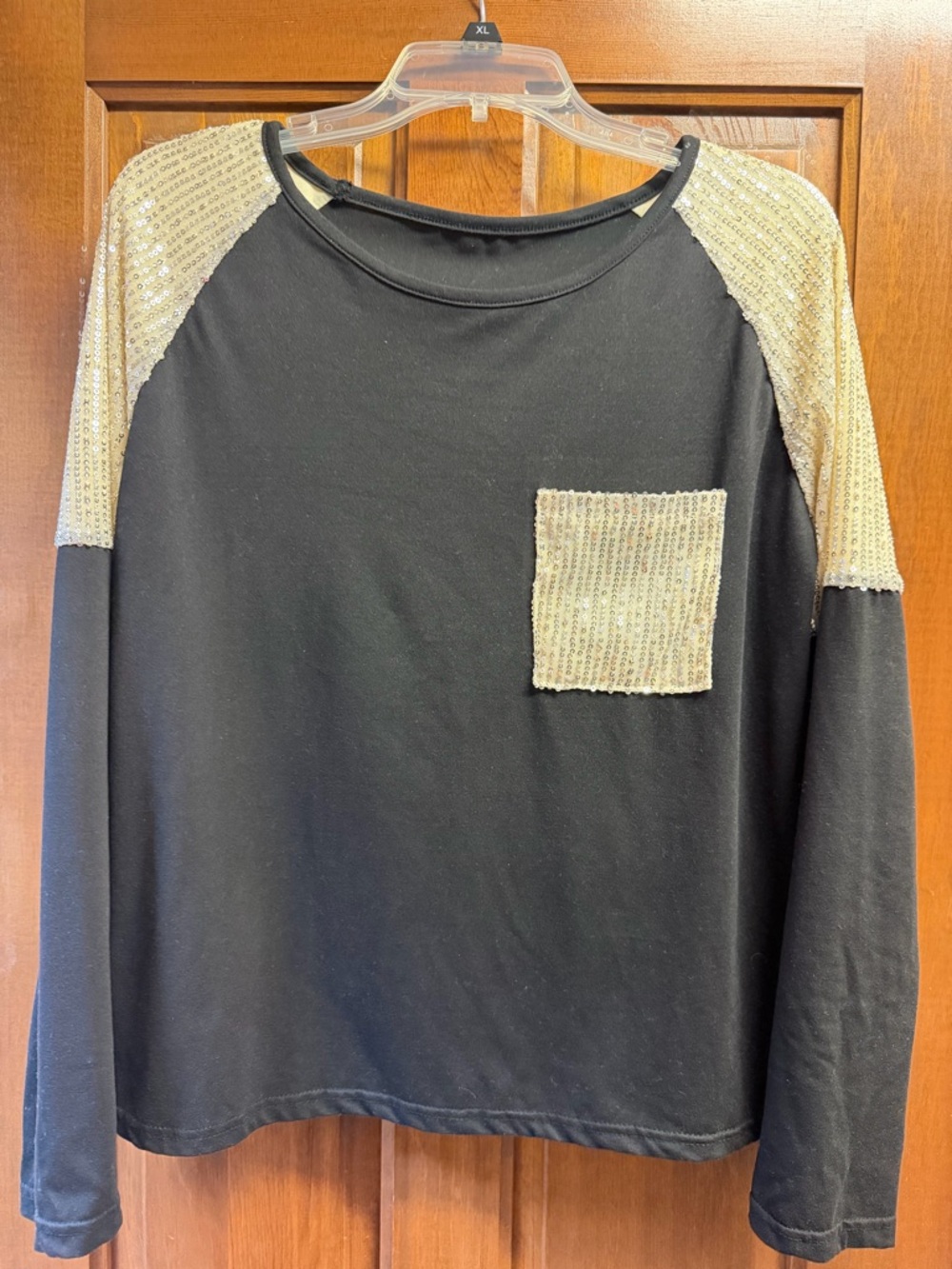Black Long Sleeve Top with Gold Sequin Shoulders & Pocket